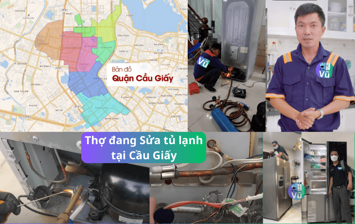 Thợ đang sửa tủ lạnh tại Cầu Giấy