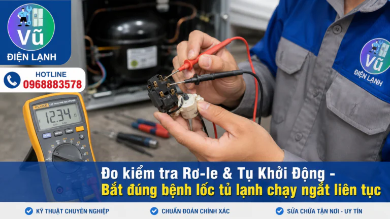 Kỹ thuật viên sử dụng đồng hồ VOM để kiểm tra rơ-le khởi động và bộ bảo vệ quá tải (overload) khi lốc tủ lạnh đóng ngắt liên tục.